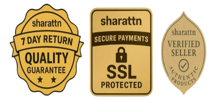 Logo of 'sharattn Verified Seller' for authentic products, Gold and black '7 Day Return Quality Guarantee' badge with 'sharattn' brand name. Logo with 'sharattn' brand name, 'Secure Payments', and 'SSL Protected' text on a beige background.